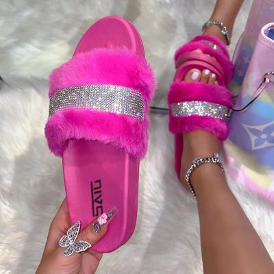 China 2021 Wholesale Fashion Trend Ins Warm Design Fur Slippers Rain Indoor Outdoor Winter Color Lady Plush Warm Colorful Slippers Shoes for sale