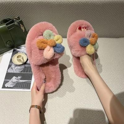 China Fashion Trend Woolen Women Slippers Plush Flower Knot Indoor Home Quiet Female Bedroom Warm Soft Unique Fur Slippers for sale