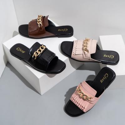 China Fashion Trend New Fashion Chain Flip Flops With Tassel Flat Heels PU Solid Color Casual Overfoot For Women Slippers for sale