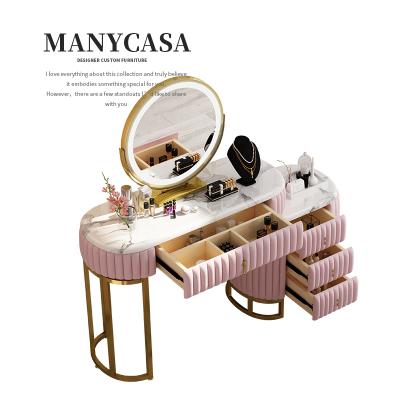 China Modern Light Luxury Suede Cloth Art Panel High Grade Dressing Table LED Makeup Mirror for sale