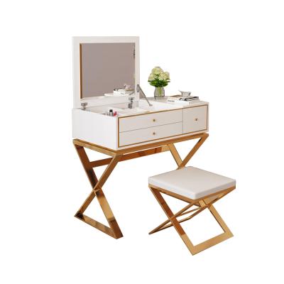 China (Other) Hot Selling Luxury Adjustable Metal Vanity Dressing Table With Wooden Mirror Chest &Stool Dresser &mirror Storage Cabinet Bedroom Furniture for sale