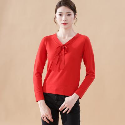 China 2021 Spring Fashion Solid Color Anti-Shrink Wool Knit Sweater Long Sleeve V-Neck Lace Up Wear Orange Bow Outer Top for sale