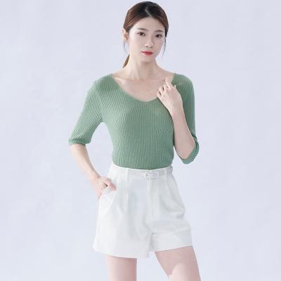 China 2021 autumn first women's five-point sleeve breathable v-neck solid color lightly knit sweater temperament tops elegant sleeve bottoming shirt for sale