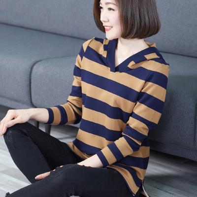 China Anti-wrinkle spring v-neck stripe length hooded middle loose top Korean blouse long sleeve top t-shirt female T-shirt female for sale