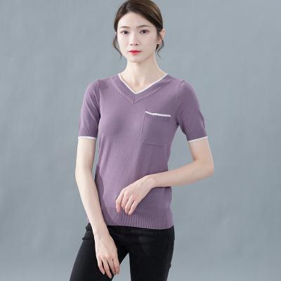 China Anti-wrinkle Summer Hot V-Neck Purple Short Sleeve Pocket Knit Sweater Fashion Tops Women Bright Silk Design Breathable Sweater T-shirt for sale