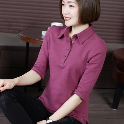 China 2021 Anti-Wrinkle Spring Women's Cotton Solid Color Mid Sleeve Split Blouse Shirt Collar Three Quarter Sleeve Upper Half Sleeve T-Shirt for sale