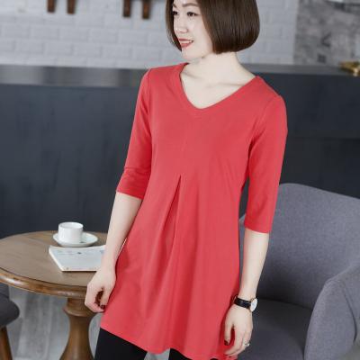 China Anti-wrinkle Mid-sleeve V-neck solid color base coat wholesale pure cotton ladies sexy dress for sale