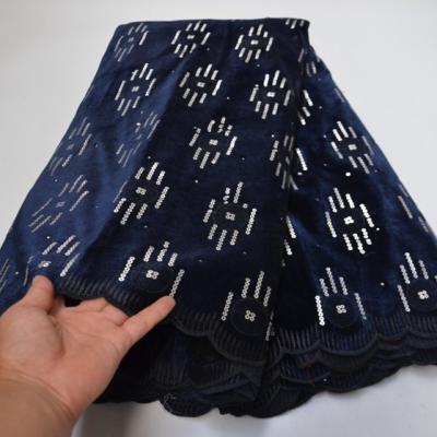 China Navy Blue Viable Velvet Lace Fabric AG6337 Good Quality African Sequined Lace Fabric For Ladies Party for sale