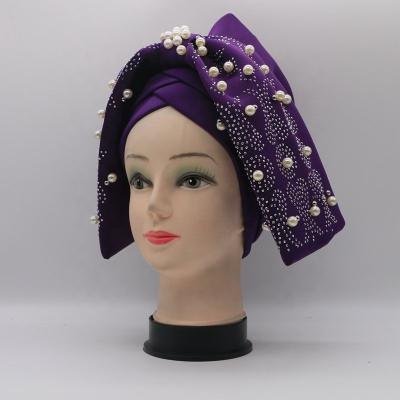 China A626 African turban hat big flower with beads and beads turban hat turban for women headwrap for sale