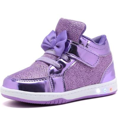 China Most Popular Customized Fashion Toddler High Quality Usb Glitter Shoes Girl's Flashing Sneakers With Cute Bow Knot for sale