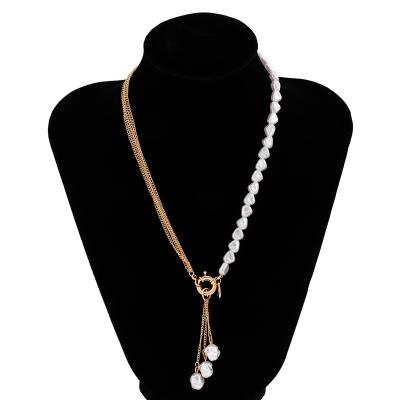 China FASHIONABLE temperament asymmetry shaped imitation pearl tassel necklace mixed with fine punk chain necklace for sale