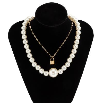 China FASHIONABLE Vintage Double C Mix Pearl Beaded Lock Necklace Pendant Necklace for sale