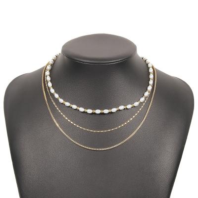 China Fashion simple and niche design multi-layer necklace geometric imitation pearl bead chain neck chain for sale