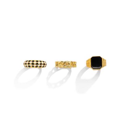 China Simple Opening Statistical Style Retro Oil Ring TRENDY Geometric Square Checkerboard Drip Adjustable 18K Gold Plated Ring for sale