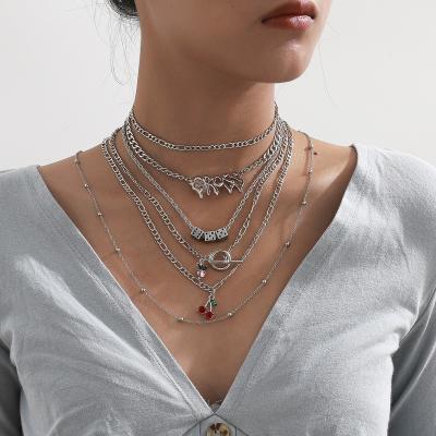 China Punk Women's Cherry Pendant Necklace Hyperbole Letters Multilayer Choker Necklaces For Women Silver Color Metal Jewelry for sale