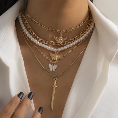 China Punk 5 Pcs/Multilayer Angel Butterfly The Sword Pendant Necklace Fashion Gold Color Set Imitation Pearl Chain Set Punk Jewelry Gifts for sale