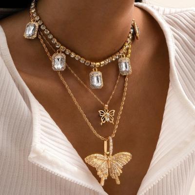 China Hip Hop Rhinestone Butterfly Pendant Necklace Women Twisted Bling Multilayer Chain Crystal Choker Necklace Punk Jewelry for sale