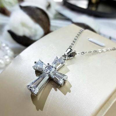 China CLASSIC Clear CZ Glare Cross Pendant Necklace For Women Luxury Long Chain Necklace Wedding Jewelry for sale