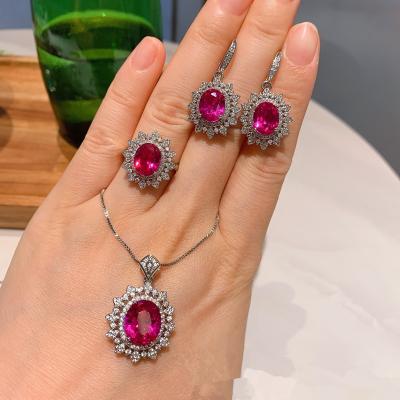 China Vintage Luxury Elegant Jewelry Set Red Cubic Zirconia Micro Pave Pendant Ring Necklace Earring Jewelry Sets for sale