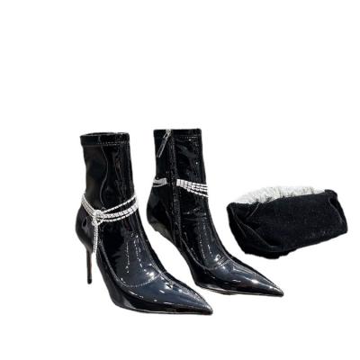 China New Arrival Thermal Designer Black Winter Diamond Patent Leather Thin High Heel Women Boots For Ladies for sale