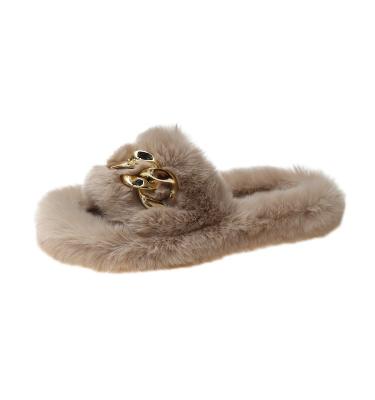 China 2022 Fashion Trend High Quality Plush Platform Winter Warm Women House Slippers Fluffy Indoor Faux Fur Slippers for sale