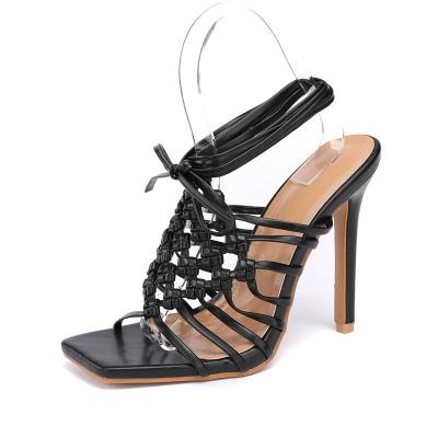 China Fashion Trend Anti-slippery Heels Shape 2021 Height Increasing Designer Shoes Lace Up Strap High Heel Sandals for Women and Ladies for sale