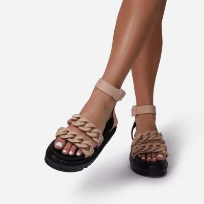 China Hot Sale Fashion Trend Large Size 43 Gold Chain T-Strap Heeled Shoes Snake Pattern Platform Sandals For Women for sale