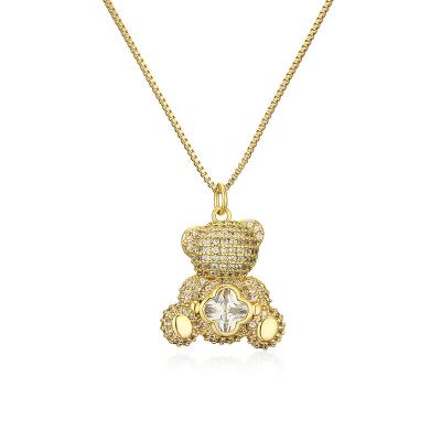 China TRENDY European and American INS cute style copper-plated 18K gold zircon bear pendant necklace female niche light luxury clavicle chai for sale