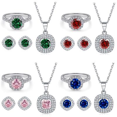 China Romantic s925 sterling silver zircon Ruby stud earrings aquamarine necklace  diamond ring jewelry jewelry set three-piece set for sale