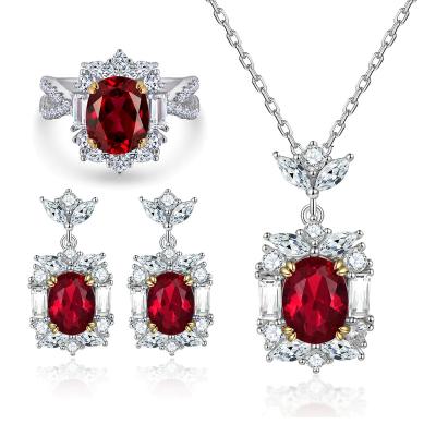 China Romantic 925 Sterling Silver Jewelry Set 3 Pieces Fashion Ruby Pendant Necklace Zircon Stud Earrings High Carbon Diamond Ring for sale