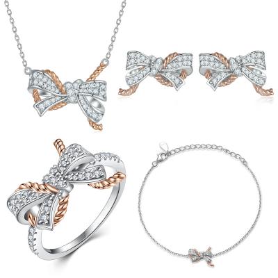 China Romantic 925 Sterling Silver Bow Jewelry Set Four-piece Ring Necklace High-end Stud Earrings Bracelet Jewelry Set for sale