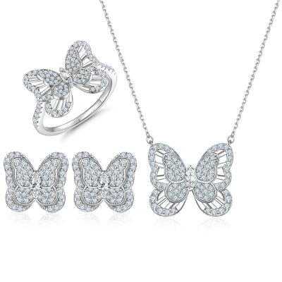 China Romantic Sterling Silver Jewelry Set Three-piece European Style S925 Silver Ring Butterfly Necklace Zircon Earrings for sale