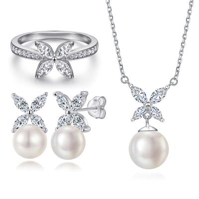 China Romantic S925 sterling silver jewelry set female butterfly ring natural bead earrings four-leaf clover pearl necklace niche for sale