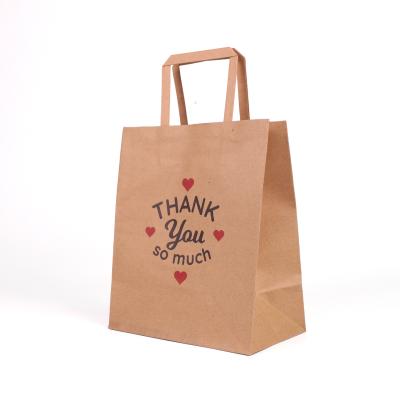 China Custom Recycled Materials Restaurant Food Delivery Take Out Tote Bag Design Your Own Logo Catering Flat Handle Carry Out Brown Kraft Paper Bag for sale