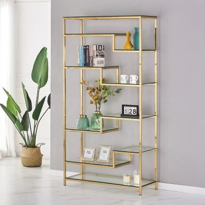 China Unfoldable Heavy Duty Gold Stainless Steel Tempered Glass Wine Rack Display Stand for sale