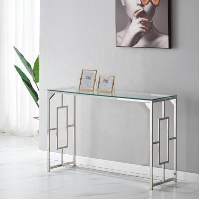 China Unfoldable European Clear Glass Entry Table Console Silver Stainless Steel Console Table for sale