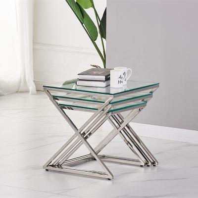 China Luxury Modern Unfoldable Sofa Cube End and Coffee Table Sets Clear Glass 3 Piece 3 Piece Nesting Nest Side Table Set for sale