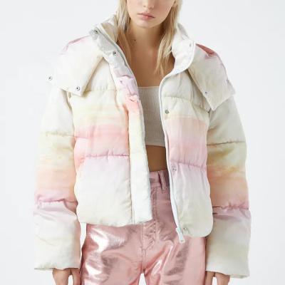 中国 Winter wear warm cropped drawstring bread jacket colorful zip up womens puffer jacket with hoodie 販売のため