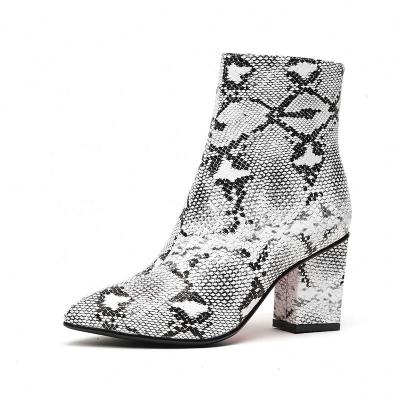 China Fashion Trend Dropshipping New Acute Women's Boots Snake Print Serpentine Thick High Heeled Ankle Women's Shoes for sale