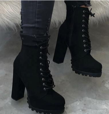 China Fashion Trend Dropshipping Solid Color Winter Lace Up Boots Women Platform High Heel Ankle Boots for sale