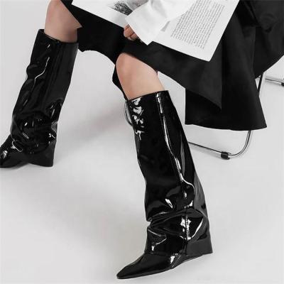 China Dropshipping Fashion Waterproof Knee High Wedge Heel Pants Boots Patent Leather for sale