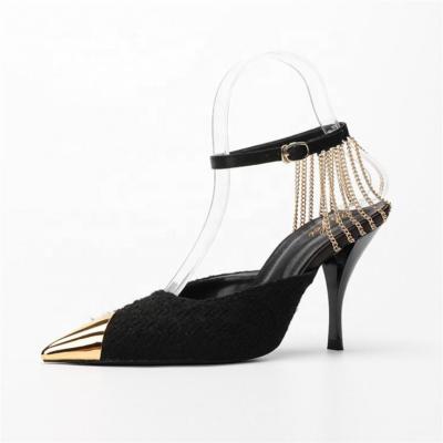 China Fashion Trend Dropshipping Black Metal Chain Stiletto Heels Women 2021 Sandals With Buckle Strap Ladies for sale