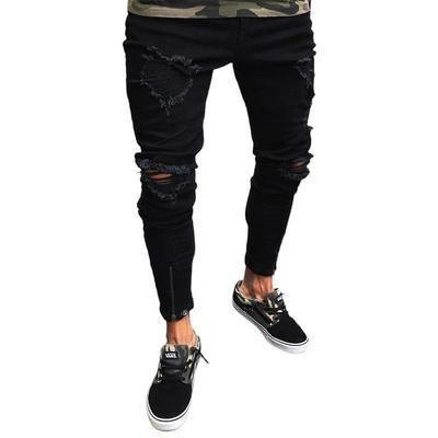 China Breathable Pants Biker Jeans Men's Black Holes Elastic Zippers Men's Skinny Europe And The United States Tight Pants for sale