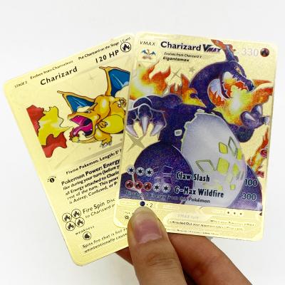 China Metal Ready To Ship Charizard Vmax Playing Card Metal Gold Pikachu Pokemon Trading Card Game for sale