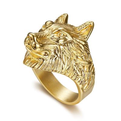 China Other Style Hot Hip Hop Ornament Head Mens Stainless Steel Gold Plated Wolf Ring for sale