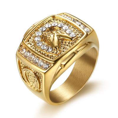 China Hot TRENDY Style Hip Hops Ornament Gold Plated Stainless Steel Diamond Horse Head Ring For Men for sale