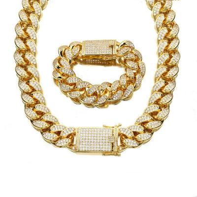 China Hiphop 18MM Stainless Steel Gold Necklace Titanium Steel Bracelet Set Cuban Chain for sale