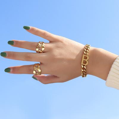 China FASHIONABLE Stainless Steel 18K Gold Plated Exaggerated English Hip-hop Thick Chain Letter Lovers Bracelet Ring Jewelry Set for sale