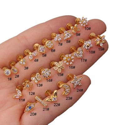 China New style Zircon lip nail fashion flower ear bone nail personality stainless steel sting star moon jewelry for sale