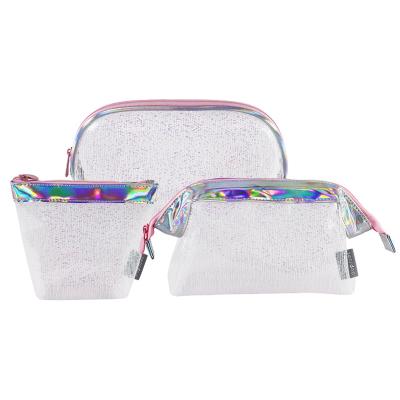 China Lady Wholesale OEM Colorful Waterproof Sparkle Laser Colored PVC 3 Sets Cosmetic Makeup Bag Set for sale